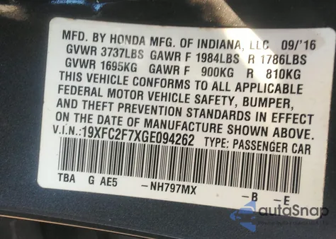 2016 Honda Civic Ex z USA, uszkodzony, nr VIN 19XFC2F7XGE094262